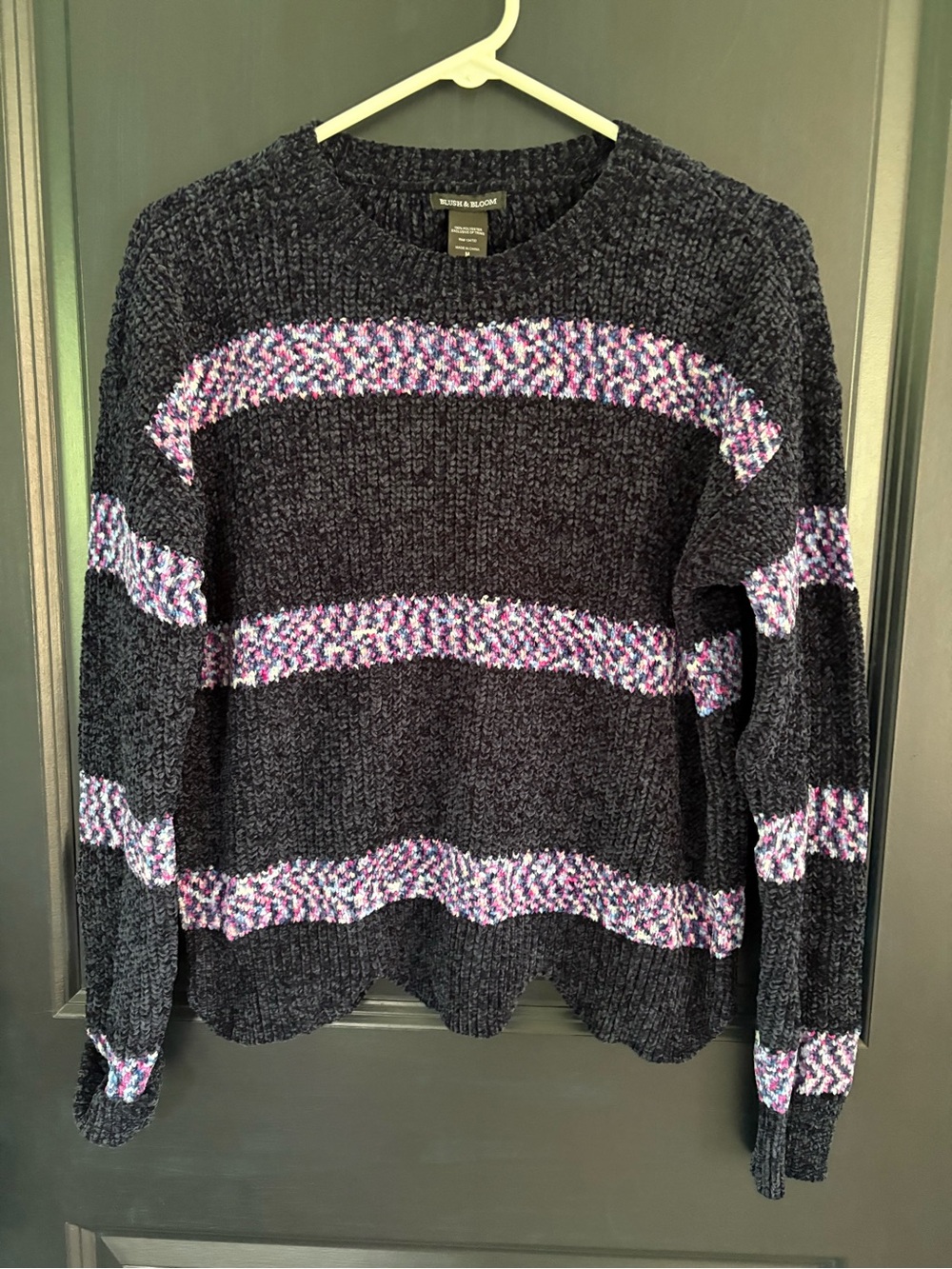 NWT Blush & Bloom Navy Blue Chenille Crewneck Sweater with Purple Stripes